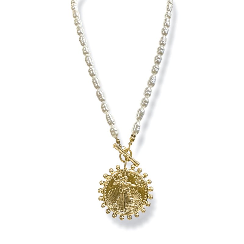 Making Me Happy Coin Pendant & Pearl Necklace