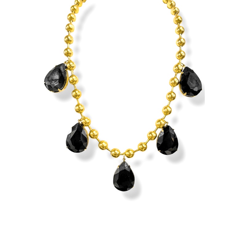 Yochi Gold Black Teardrop Bead Necklace