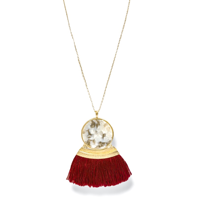 Been Through It Burgundy Gray Acrylic Disc & Tassel Necklace