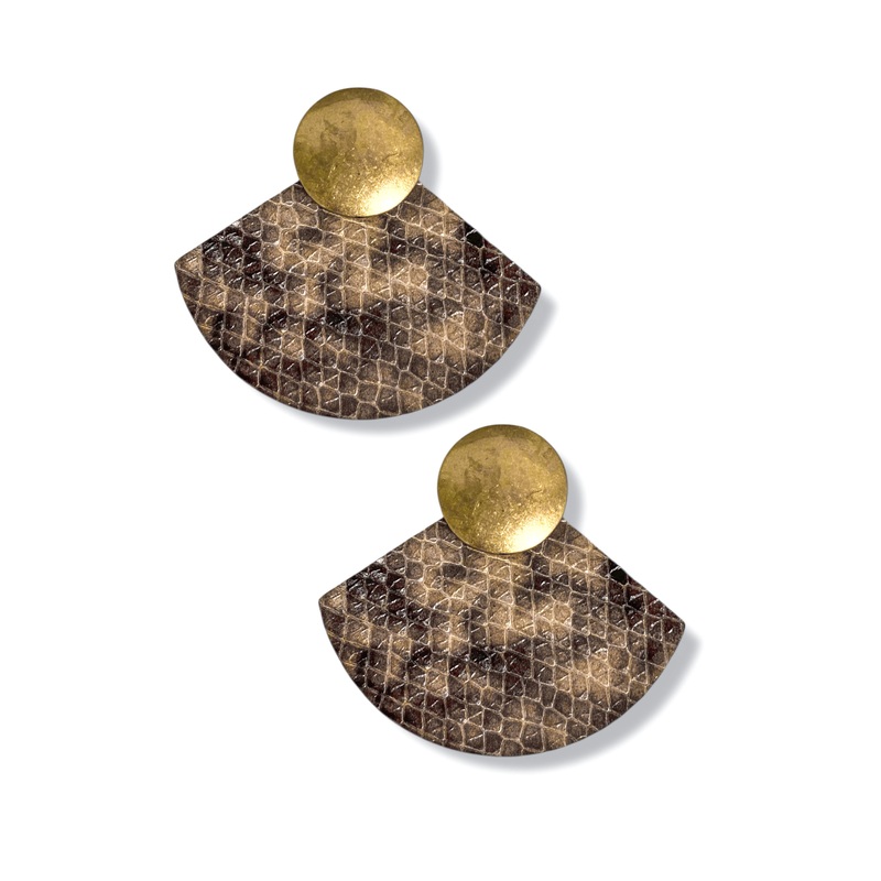 Enough Said Brown Disc & Snake Skin Fan Earrings