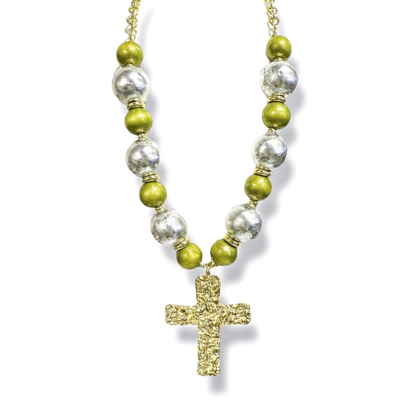 Feeling New Olive and Gold Cross Wood Ball Necklace
