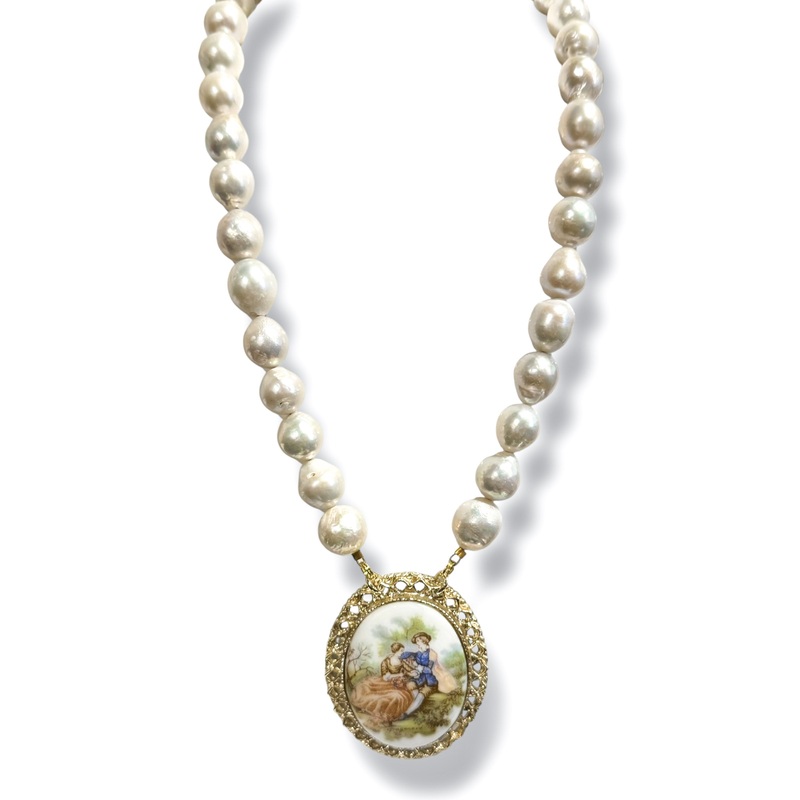Made in the Deep South 1960s Porcelain Brooch Baroque Pearl Necklace