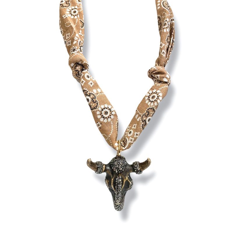 Out West Brown Pave Steer Head Brown Scarf Necklace