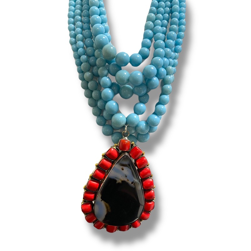 Made in the Deep South 1970s Agate & Coral Pendant 1950s Necklace